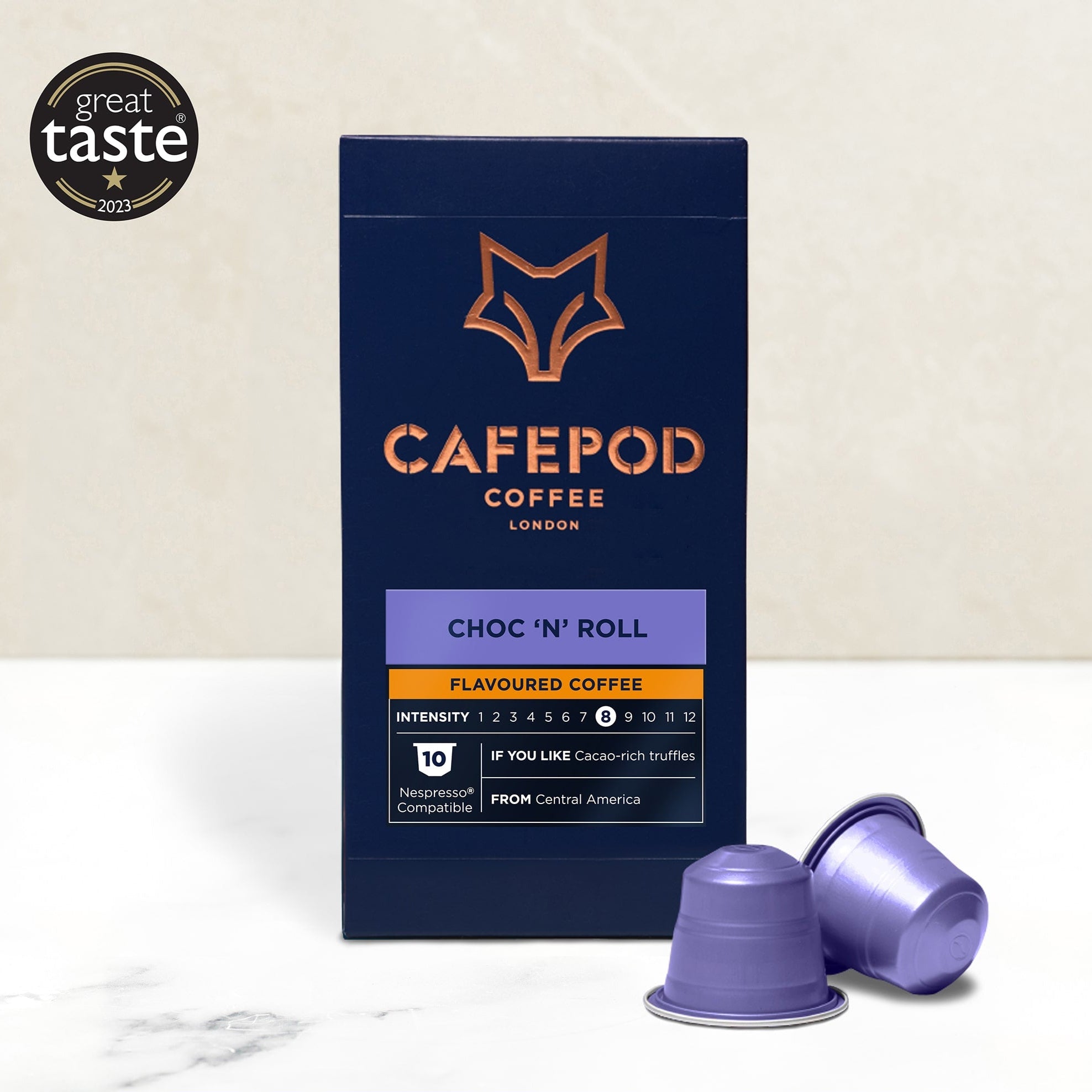 Packaging of Cafepod Choc 'n' Roll flavored coffee pods with the product visible in front of the box.