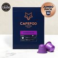 A navy blue box of Cafepod Coffee Intense Roast with a gold fox logo, accompanied by two purple coffee pods. The box indicates a jumbo pack of 36 and has taste intensity scoring.