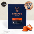 A navy blue box of Cafepod Supercharger Espresso with aGreat Tasteaward badge, indicating a 36 pod pack. Two orange coffee pods are displayed in front.